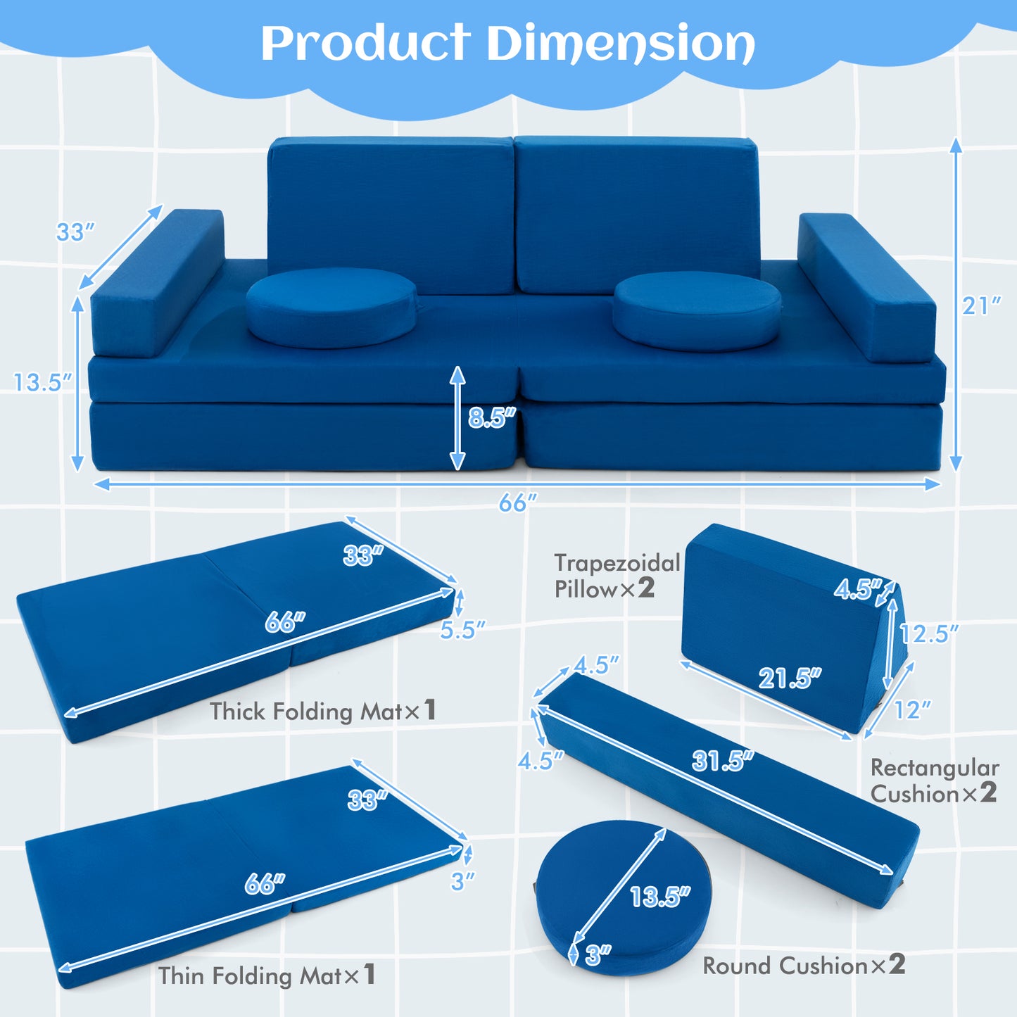 8-Piece Kids Play Couch Sofa with Portable Handle, Blue Kids Chairs & Seating at Gallery Canada