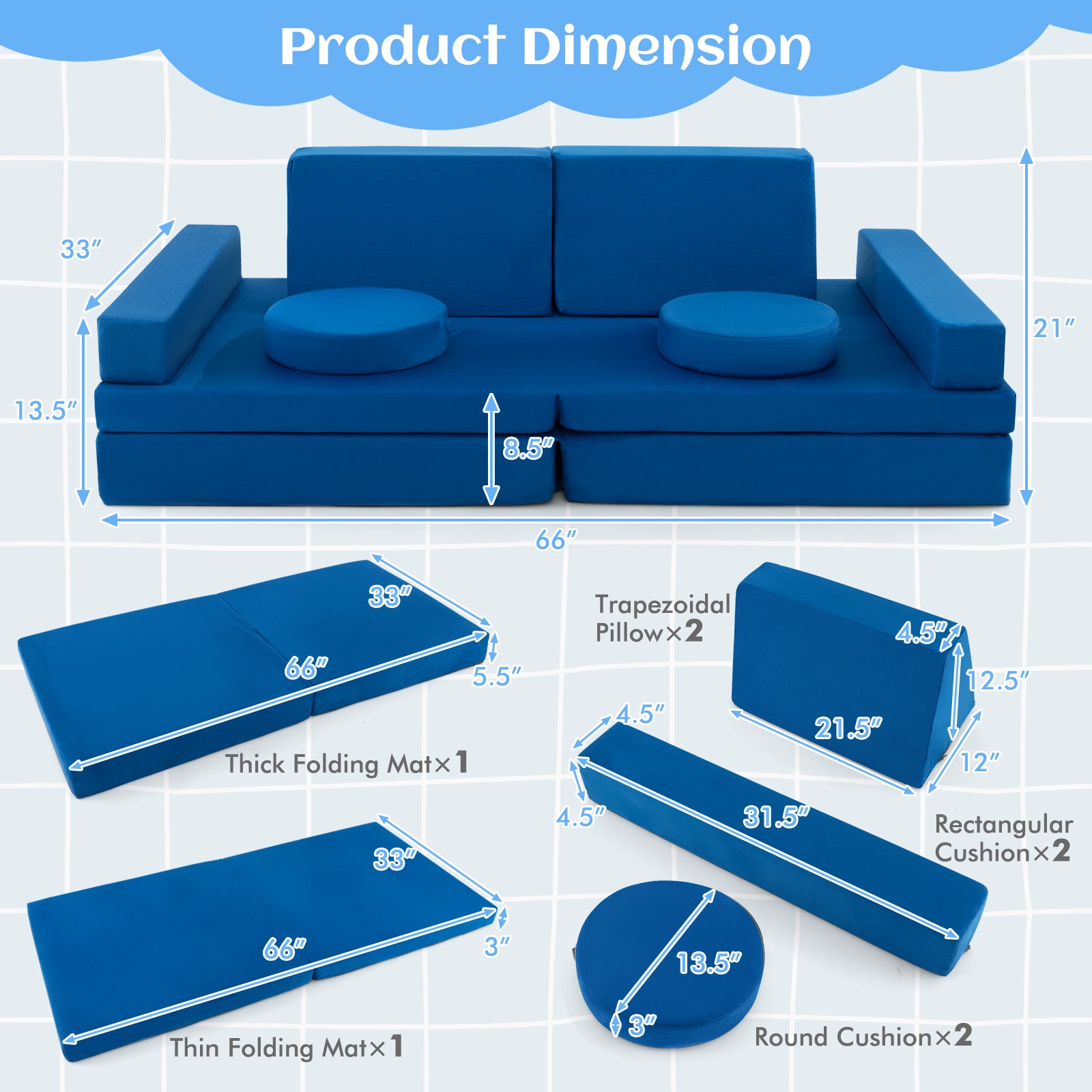 8-Piece Kids Play Couch Sofa with Portable Handle, Blue Kids Chairs & Seating at Gallery Canada
