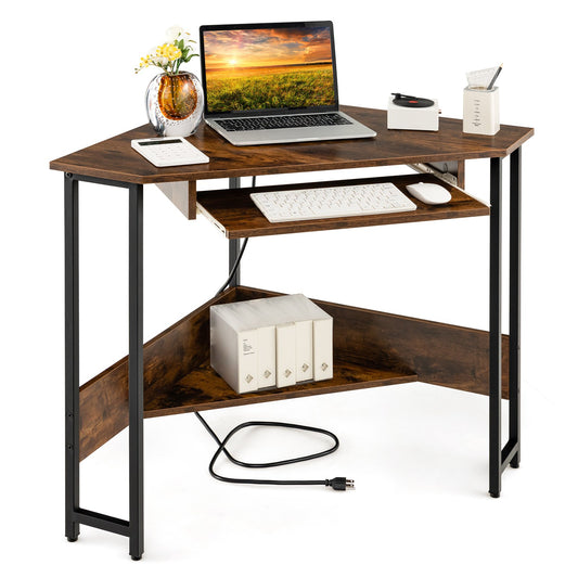 Triangle Corner Desk with Charging Station Keyboard Tray and Storage Shelf, Rustic Brown at Gallery Canada