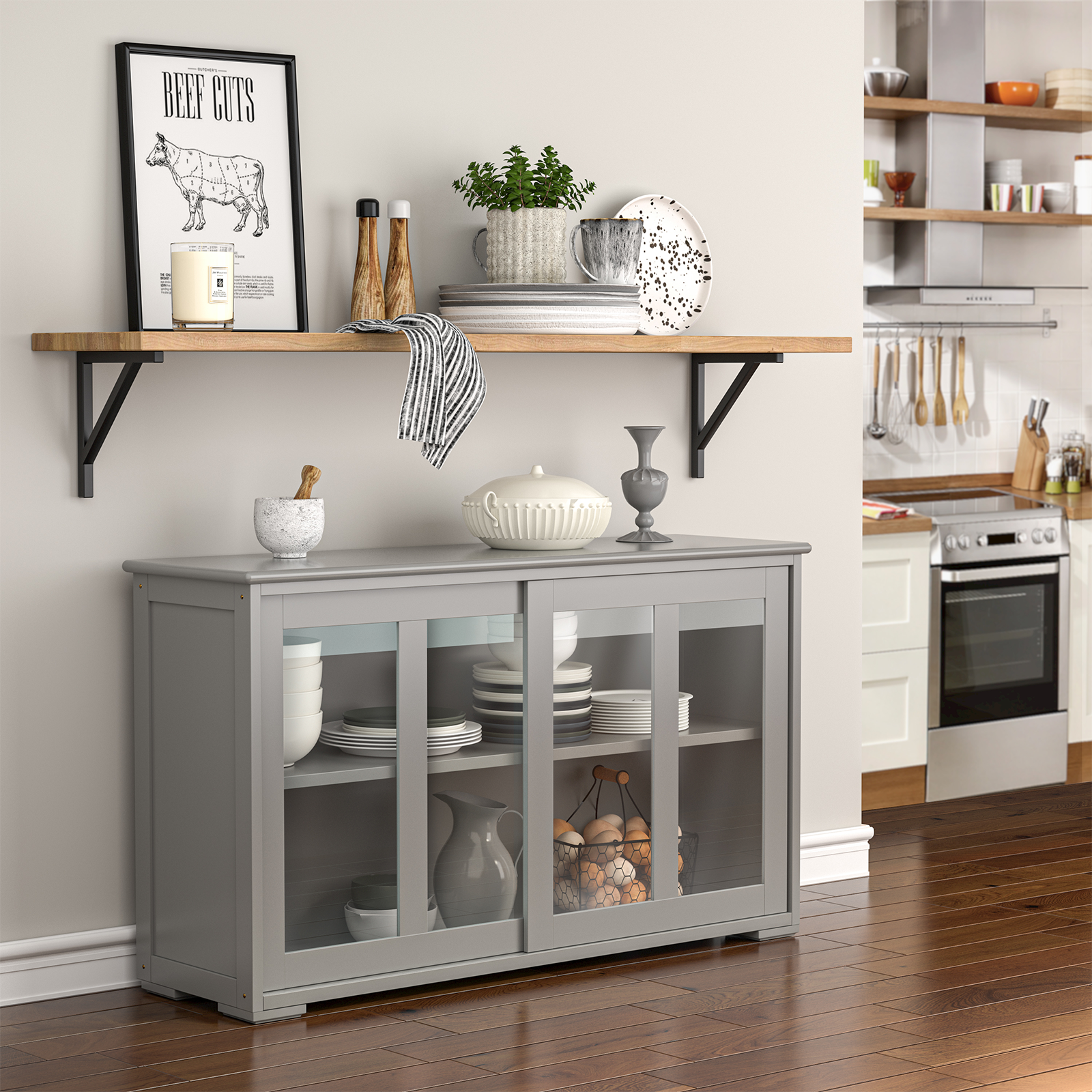 Sideboard Buffet Cupboard Storage Cabinet with Sliding Door, Gray Sideboards Cabinets & Buffets at Gallery Canada