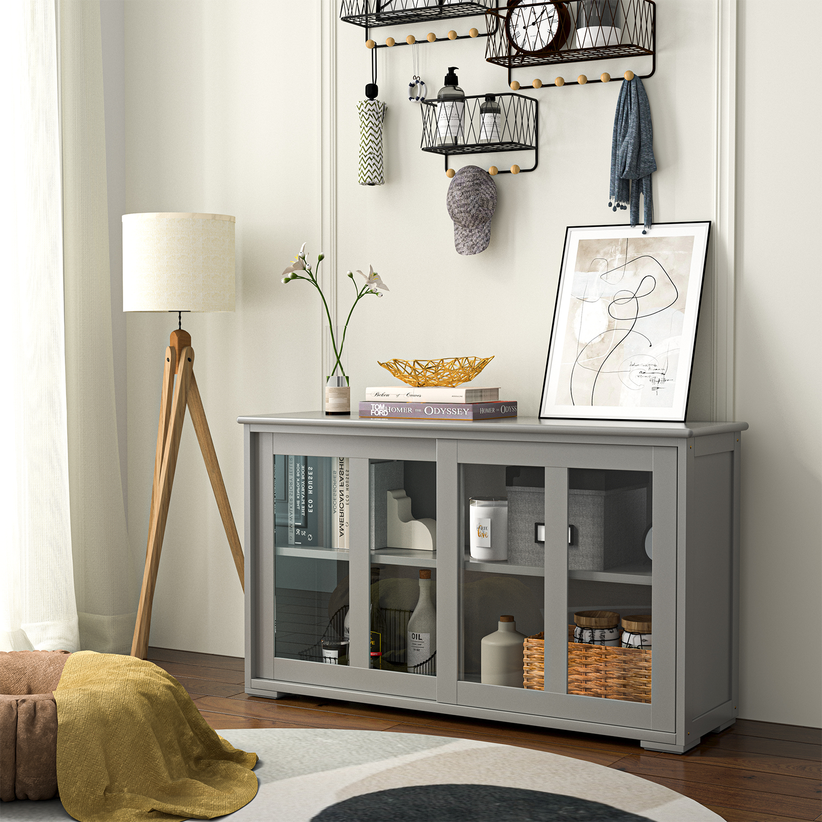 Sideboard Buffet Cupboard Storage Cabinet with Sliding Door, Gray Sideboards Cabinets & Buffets at Gallery Canada