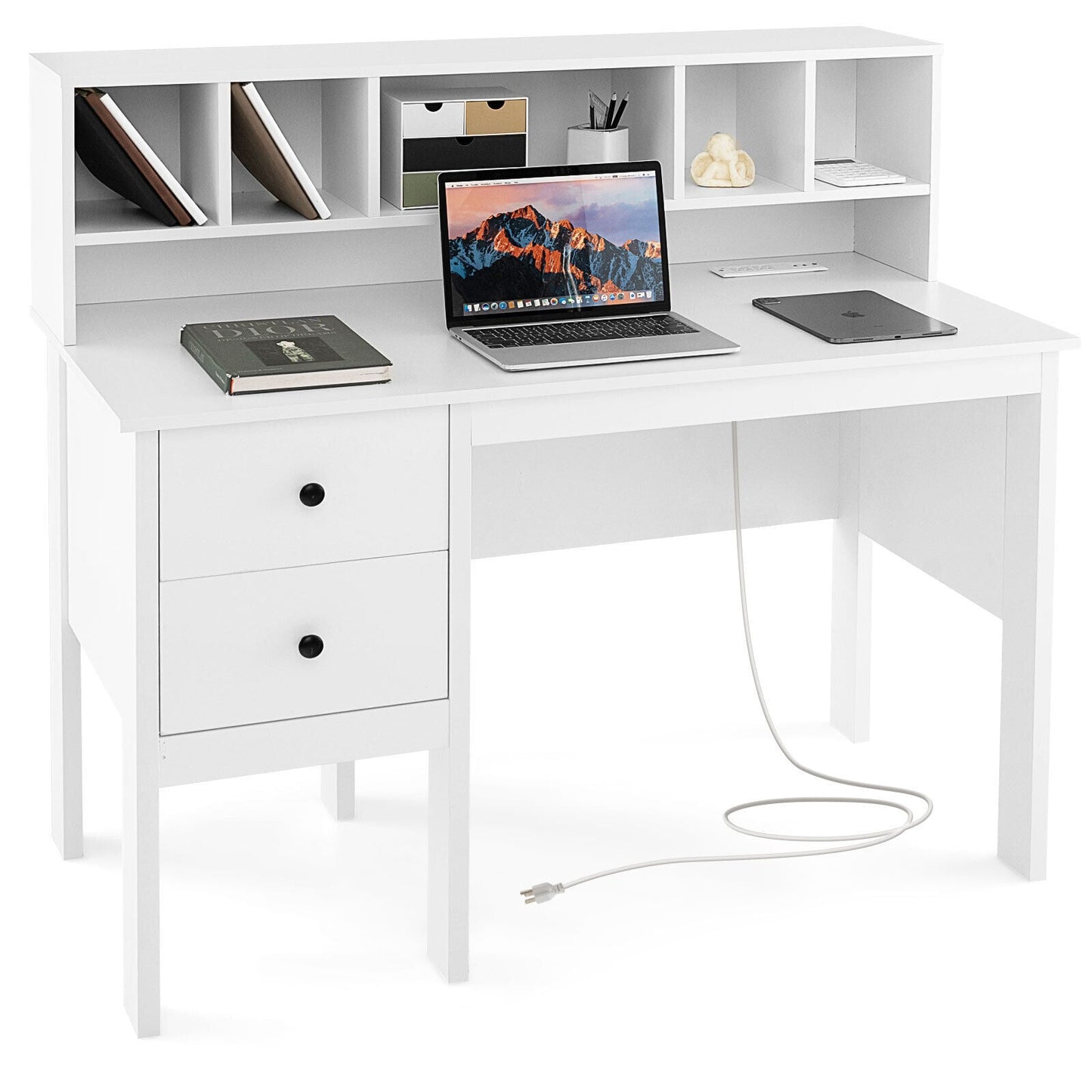 48 Inch Computer Desk With Drawers, Power Outlets, 5-Cubby Hutch, White Computer Desks White at Gallery Canada