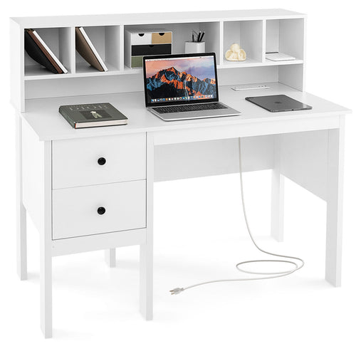 48 Inch Computer Desk With Drawers, Power Outlets, 5-Cubby Hutch, White