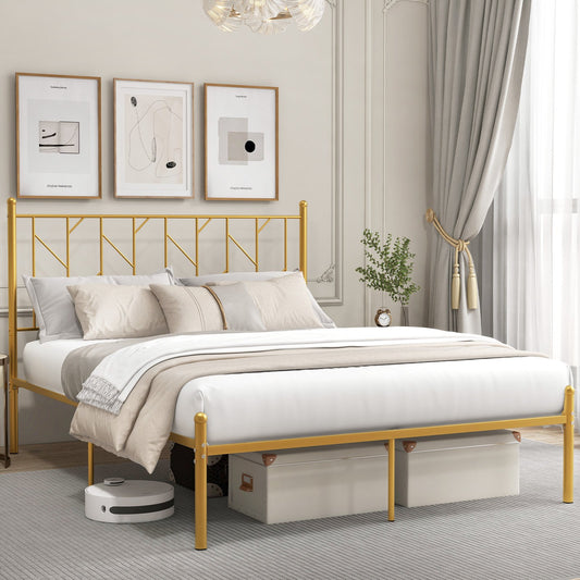 Twin/Full Size Metal Platform Bed Frame with Vintage Headboard-Full Size, Golden - Gallery Canada