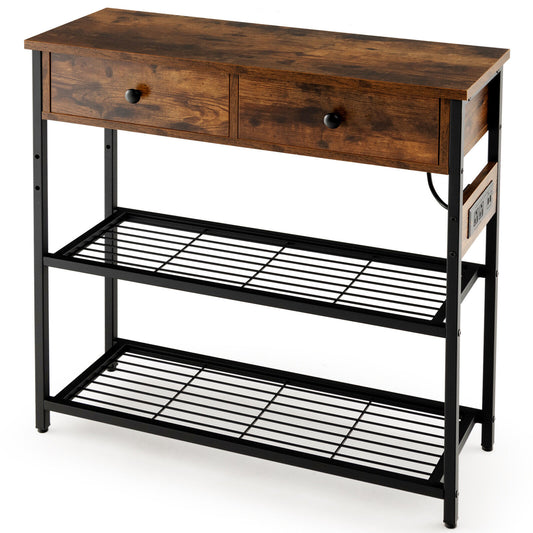 Narrow Console Table, 2 Drawers, 2 Metal Mesh Shelves, Rustic Brown Console Tables Rustic Brown at Gallery Canada