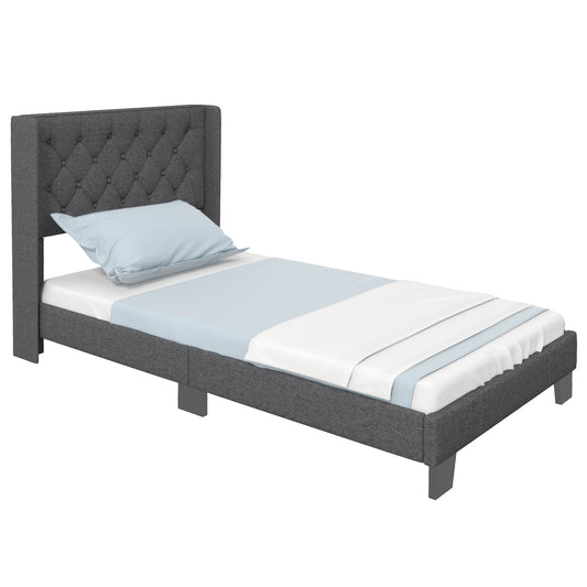 Twin Size Upholstered Platform Bed, Button Tufted Headboard, Gray Simple Bed Frame Gray at Gallery Canada