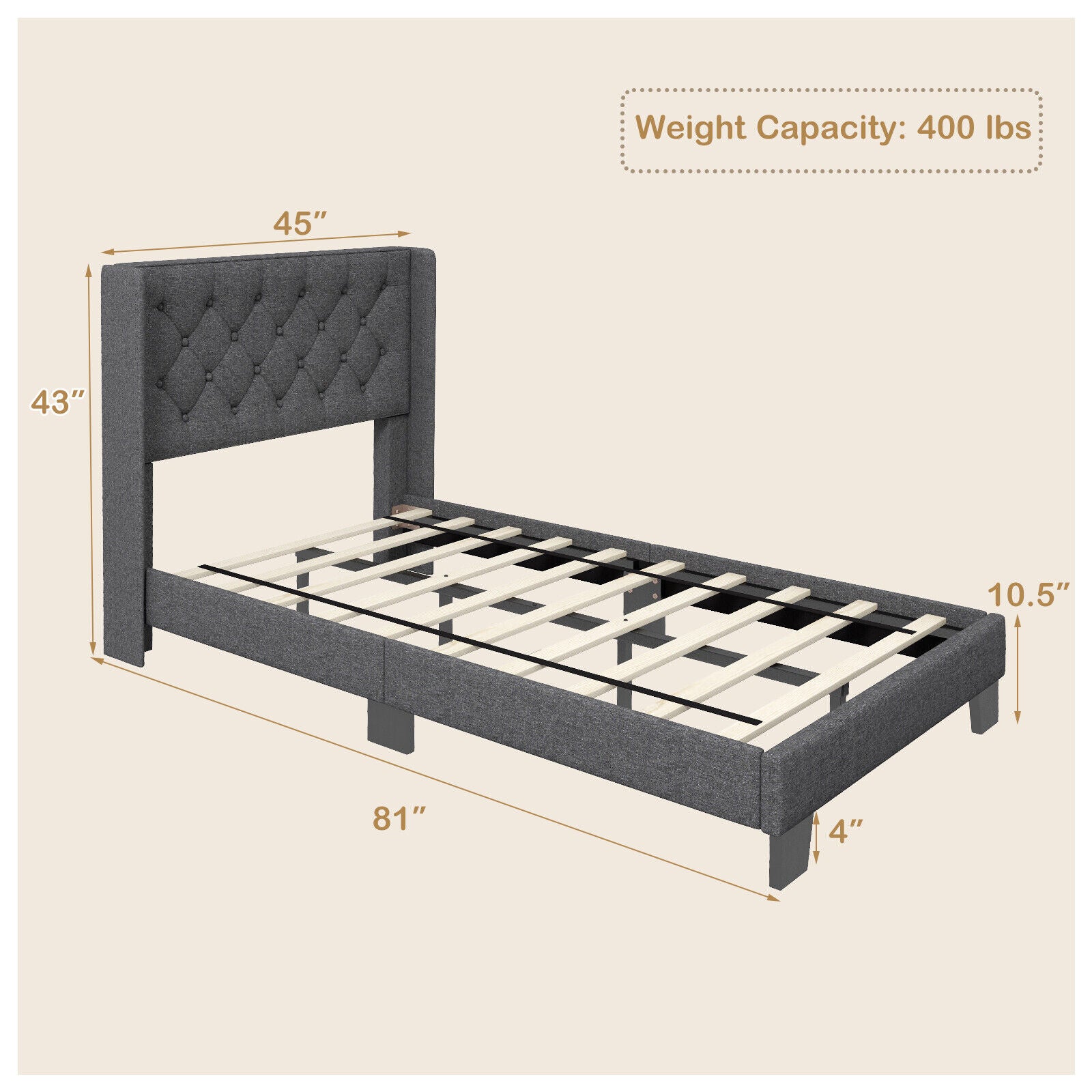 Twin Size Upholstered Platform Bed, Button Tufted Headboard, Gray Simple Bed Frame at Gallery Canada