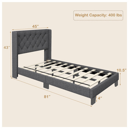 Twin Size Upholstered Platform Bed, Button Tufted Headboard, Gray Simple Bed Frame at Gallery Canada