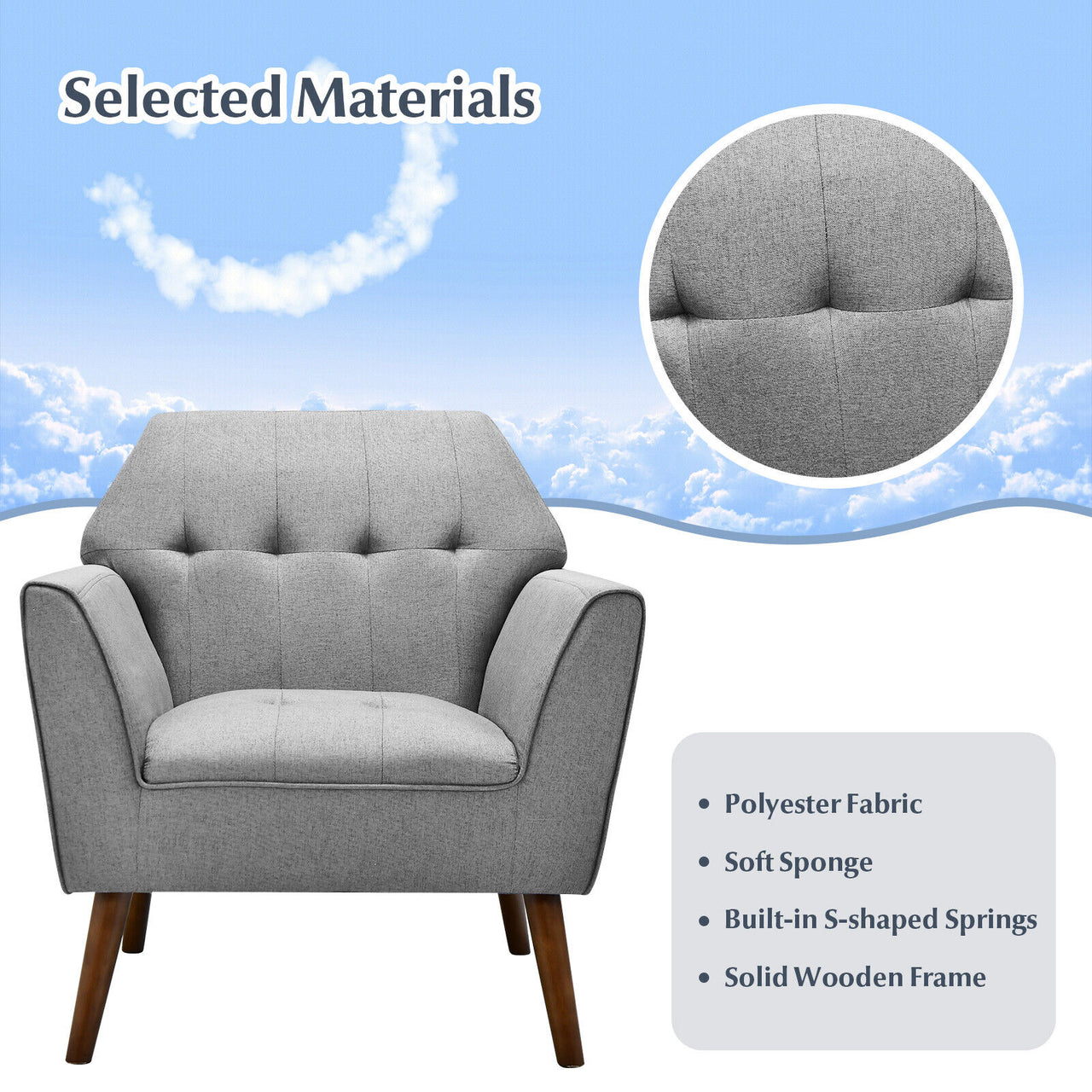 Modern Tufted Fabric Accent Chair with Rubber Wood Legs - Gallery View 7 of 11