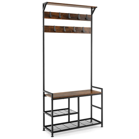 3-In-1 Industrial Coat Rack Stand with 9 Hooks Shoe Bench, Brown at Gallery Canada