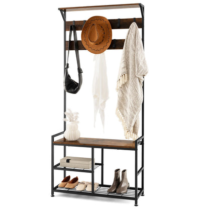 3-In-1 Industrial Coat Rack Stand with 9 Hooks Shoe Bench, Brown - Gallery Canada