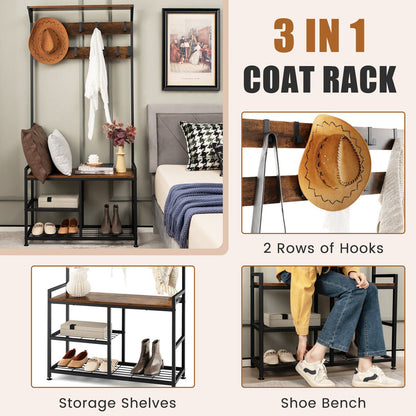 3-In-1 Industrial Coat Rack Stand with 9 Hooks Shoe Bench, Brown - Gallery Canada