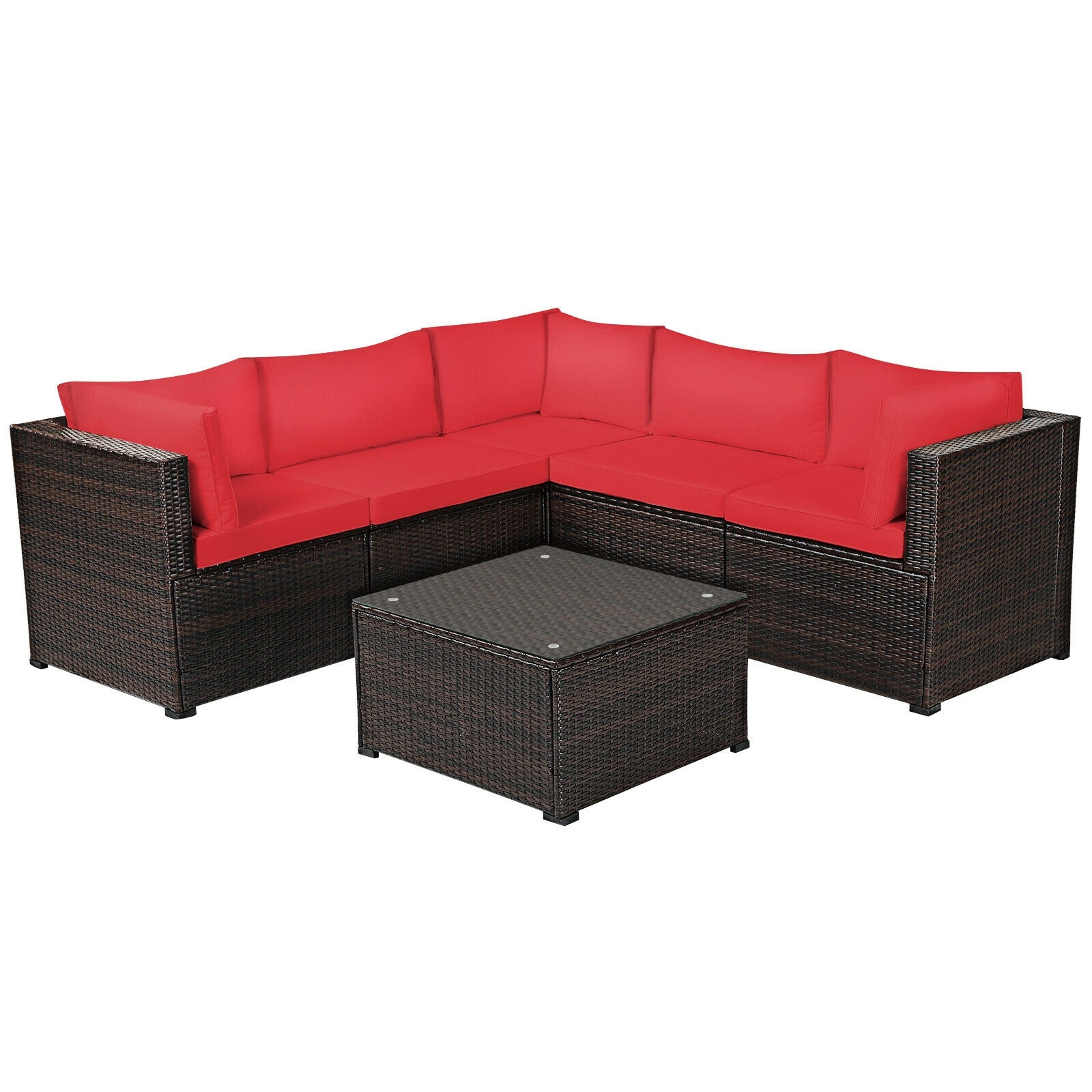 6 Pieces Patio Rattan Furniture Set Sectional Cushioned Sofa Deck, Red Outdoor Sectionals Red at Gallery Canada