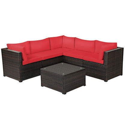 6 Pieces Patio Rattan Furniture Set Sectional Cushioned Sofa Deck, Red Outdoor Sectionals Red at Gallery Canada