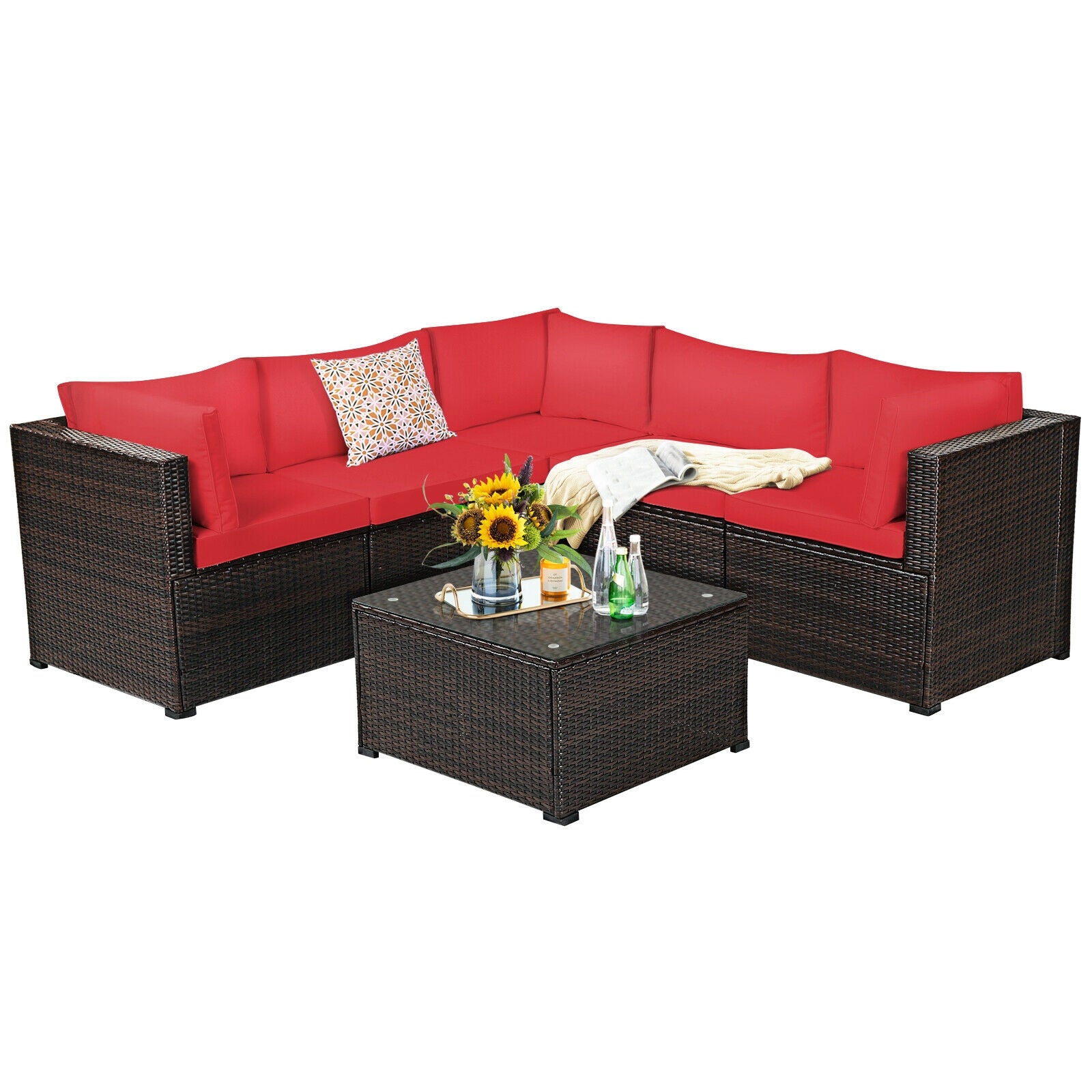 6 Pieces Patio Rattan Furniture Set Sectional Cushioned Sofa Deck, Red Outdoor Sectionals at Gallery Canada