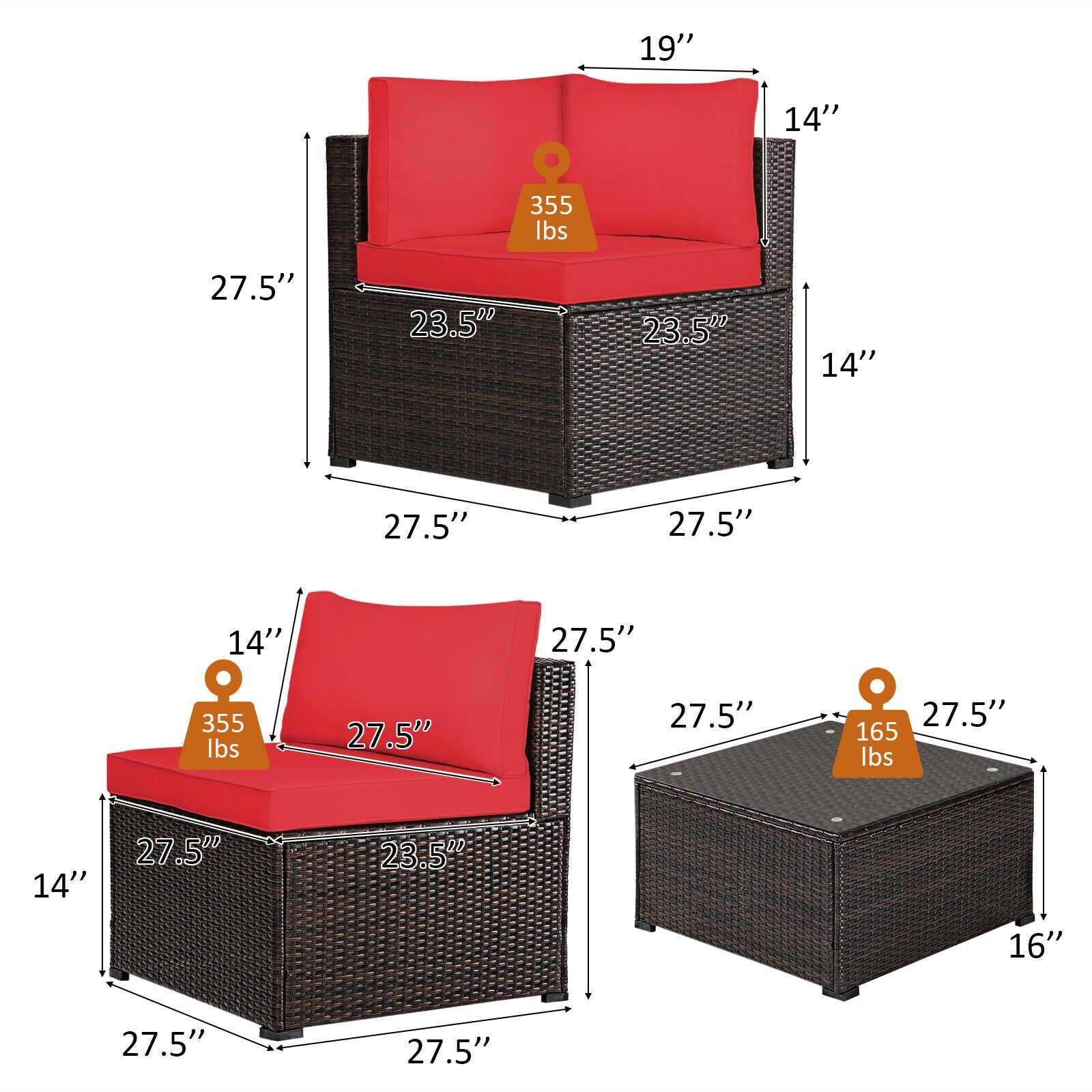 6 Pieces Patio Rattan Furniture Set Sectional Cushioned Sofa Deck, Red Outdoor Sectionals at Gallery Canada