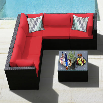 6 Pieces Patio Rattan Furniture Set Sectional Cushioned Sofa Deck, Red Outdoor Sectionals at Gallery Canada