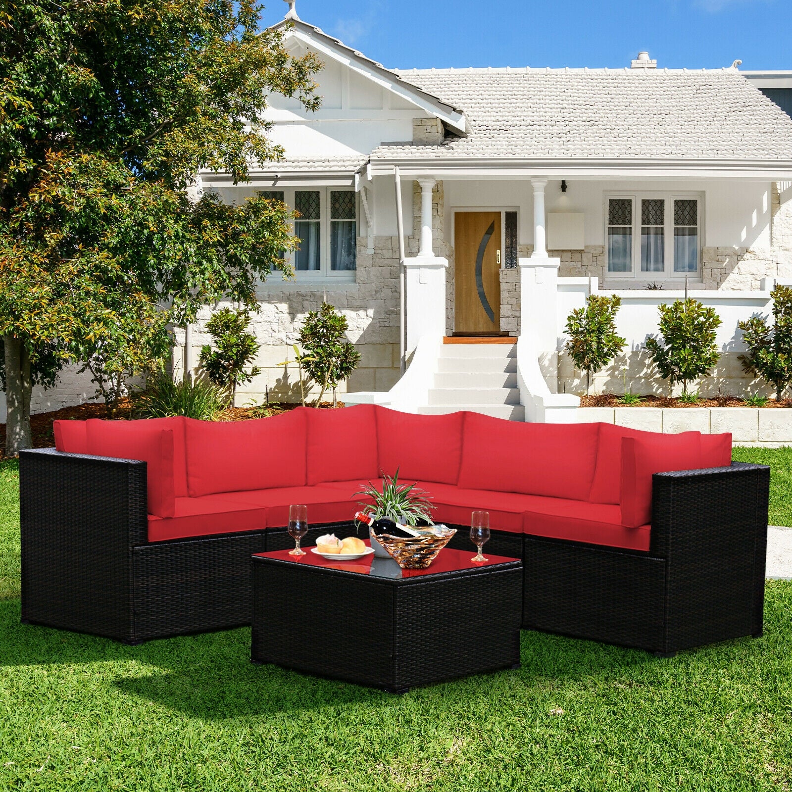 6 Pieces Patio Rattan Furniture Set Sectional Cushioned Sofa Deck, Red Outdoor Sectionals at Gallery Canada