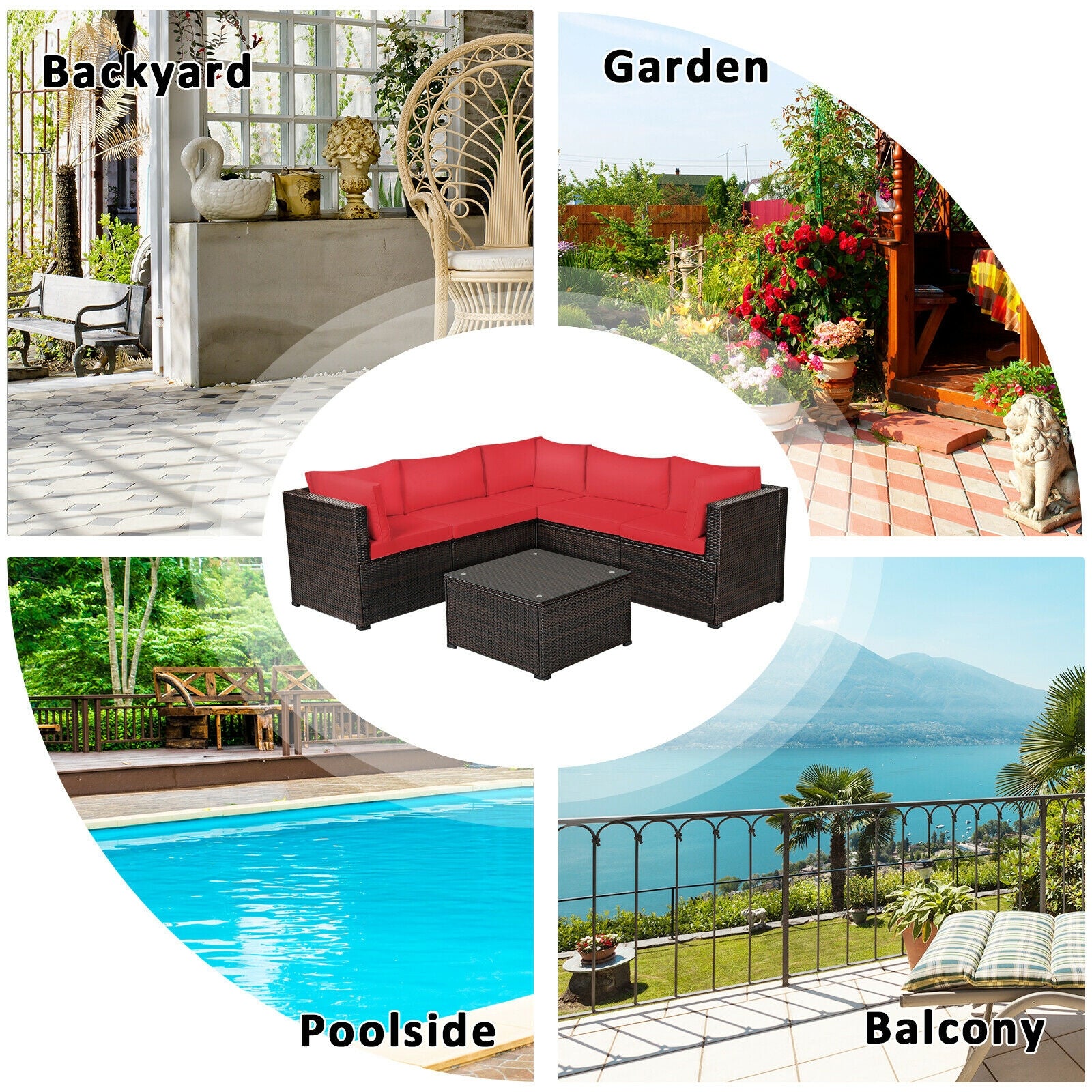 6 Pieces Patio Rattan Furniture Set Sectional Cushioned Sofa Deck, Red Outdoor Sectionals at Gallery Canada