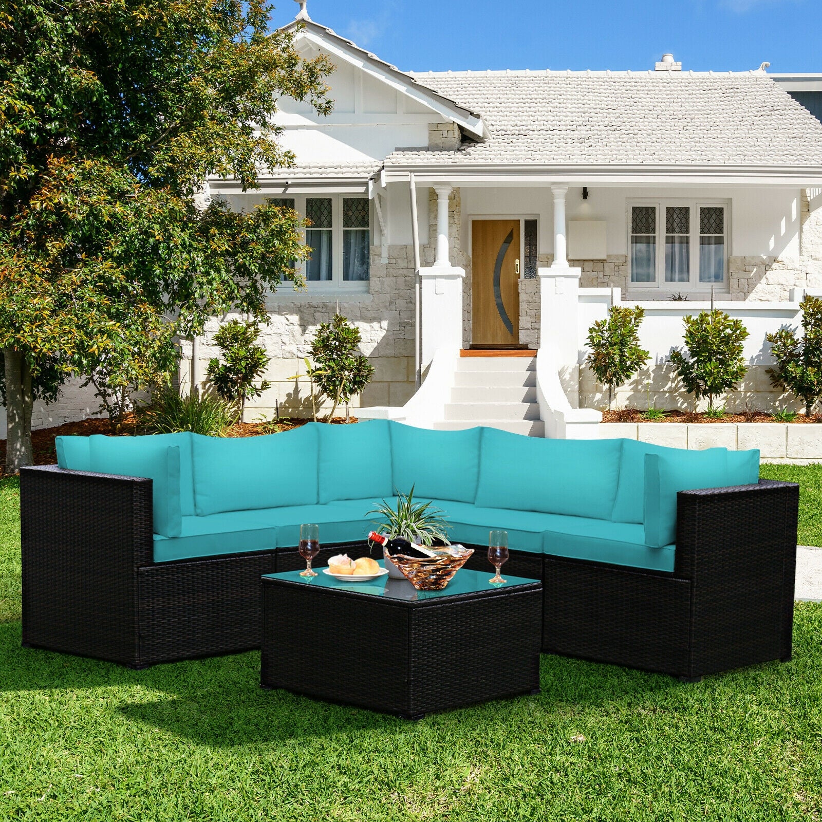 6 Pieces Patio Furniture Sofa Set with Cushions for Outdoor, Turquoise Outdoor Sectionals at Gallery Canada