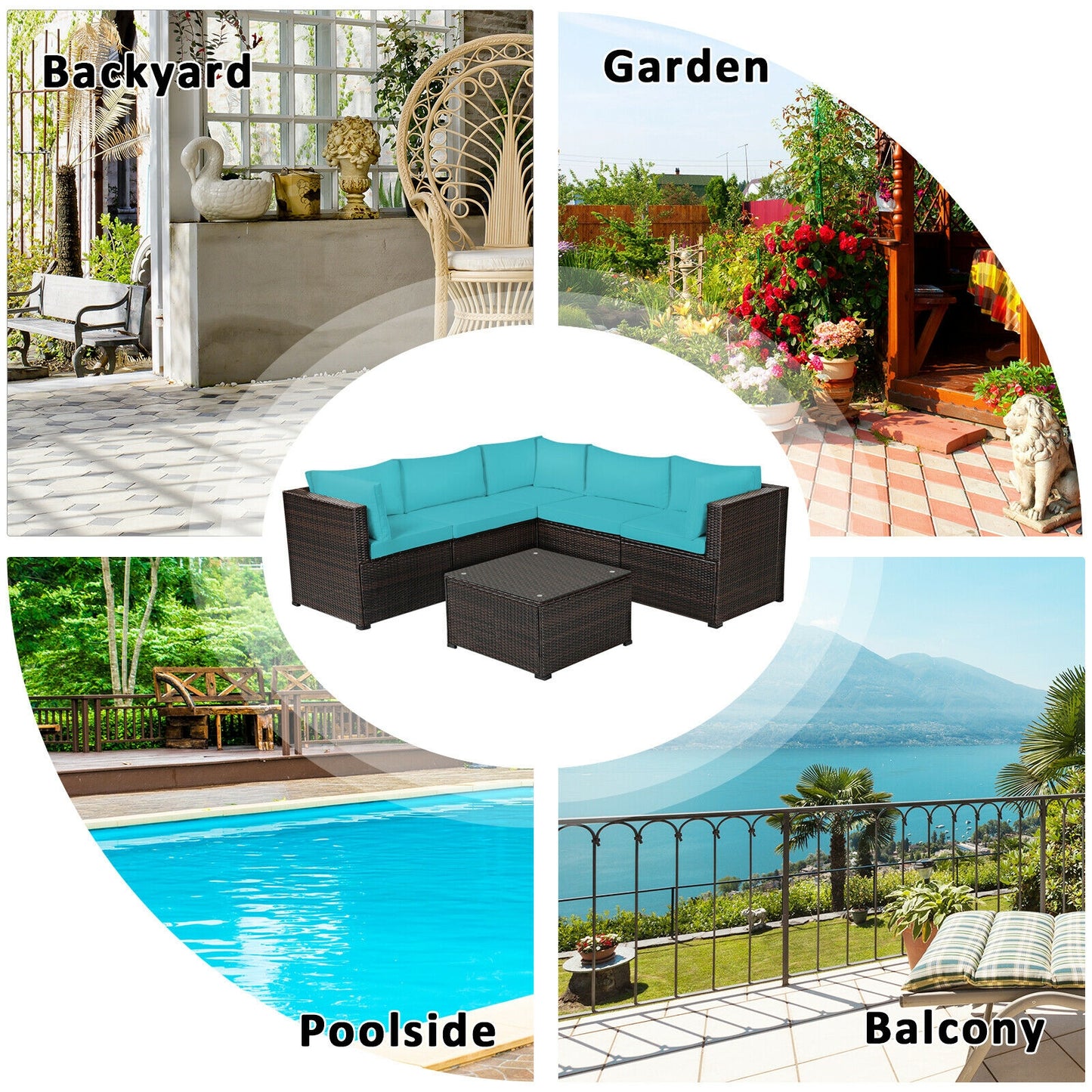 6 Pieces Patio Furniture Sofa Set with Cushions for Outdoor, Turquoise Outdoor Sectionals at Gallery Canada
