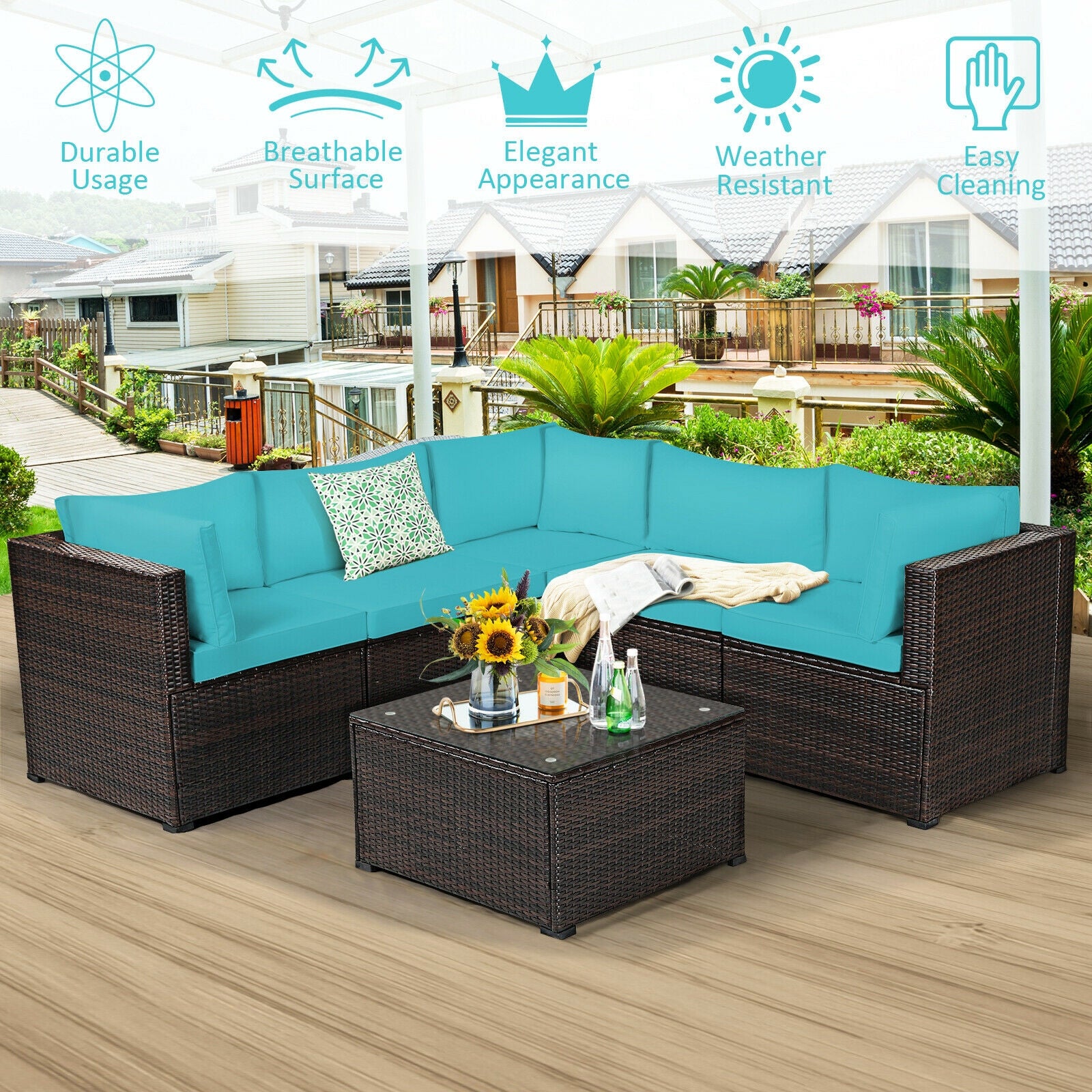 6 Pieces Patio Furniture Sofa Set with Cushions for Outdoor, Turquoise Outdoor Sectionals at Gallery Canada