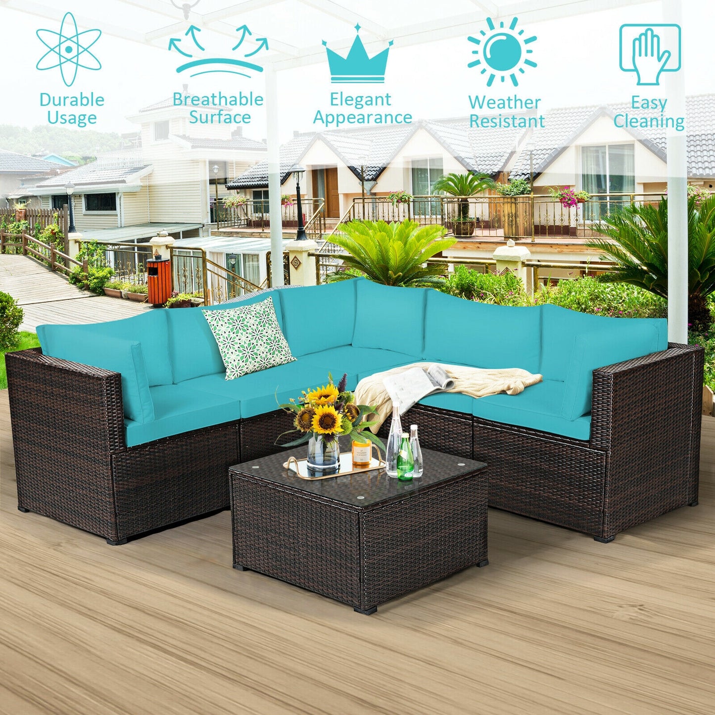 6 Pieces Patio Furniture Sofa Set with Cushions for Outdoor, Turquoise Outdoor Sectionals at Gallery Canada