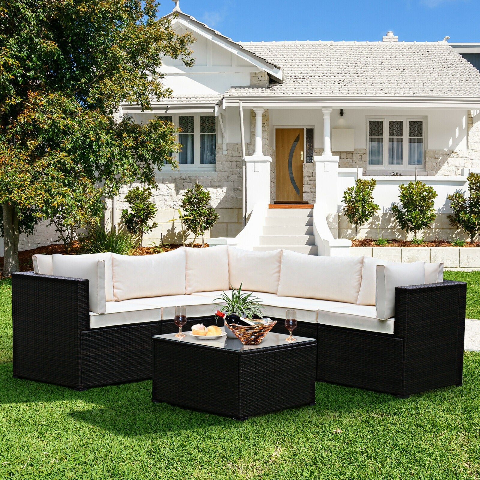 6 Pieces Patio Furniture Sofa Set with Cushions for Outdoor, Beige Outdoor Sectionals at Gallery Canada