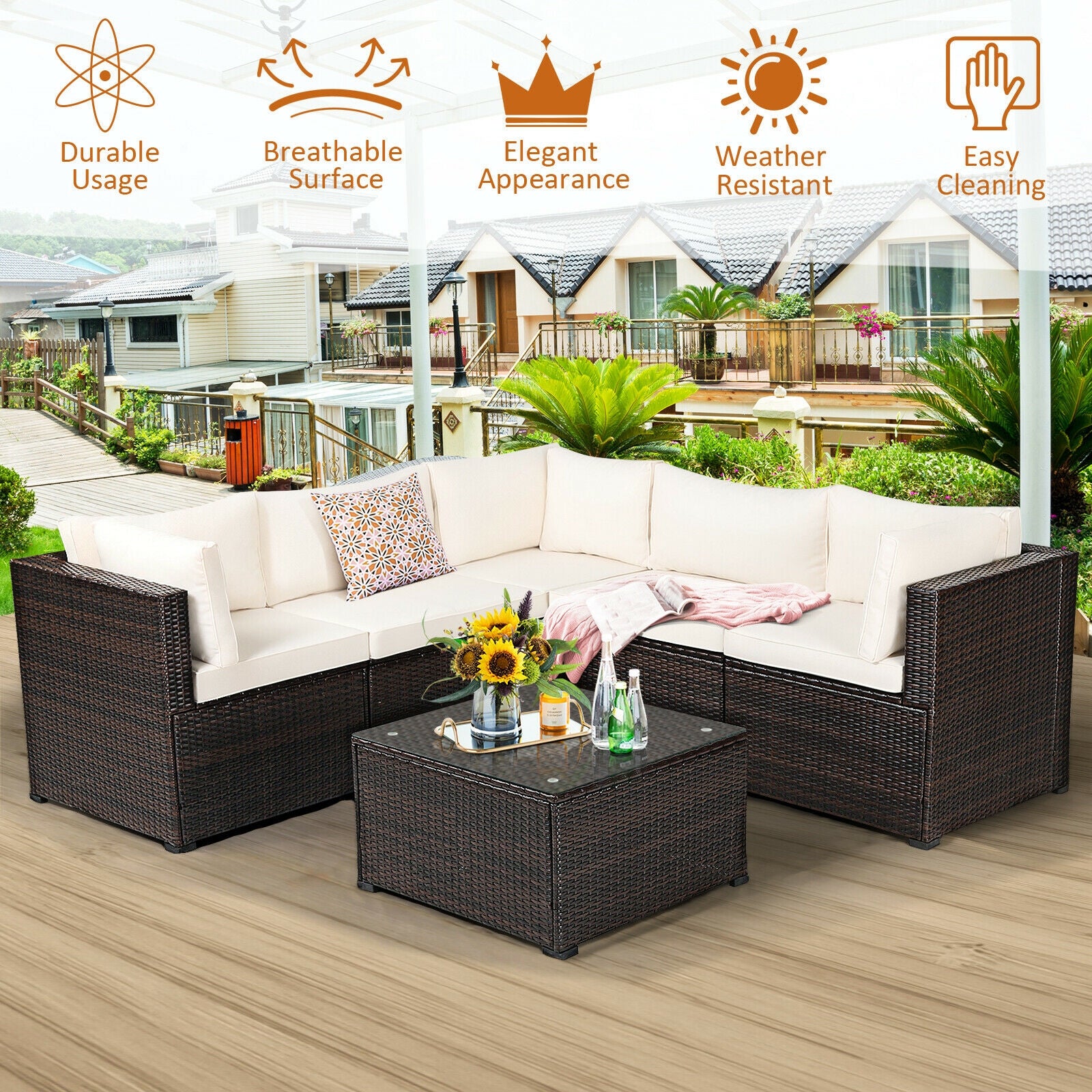 6 Pieces Patio Furniture Sofa Set with Cushions for Outdoor, Beige Outdoor Sectionals at Gallery Canada
