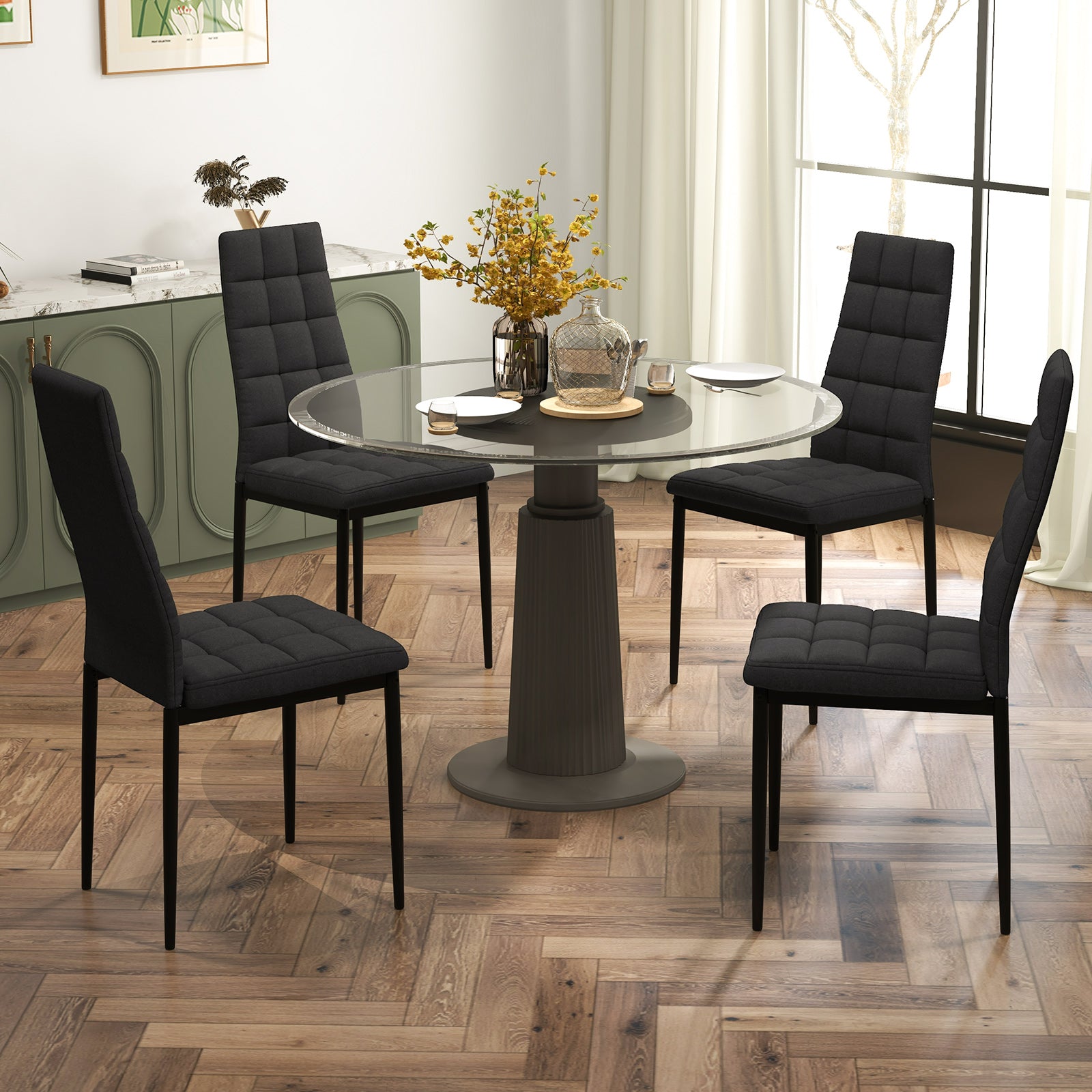Set of 4 Fabric Dining Chairs Set with Upholstered Cushion and High Back, Black Dining Chairs at Gallery Canada