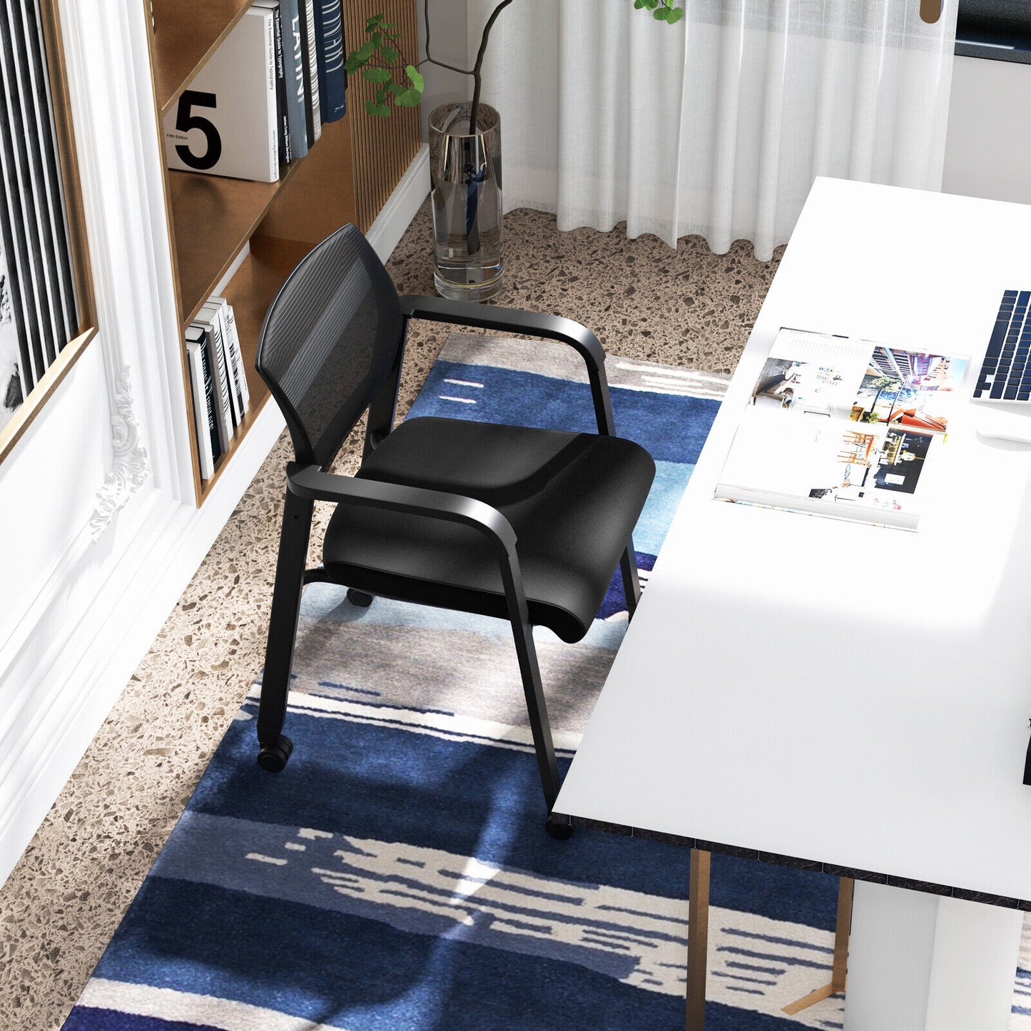 Set of 2 Stackable Rolling Office Chairs with Mesh Backrest, Black Conference Chairs at Gallery Canada