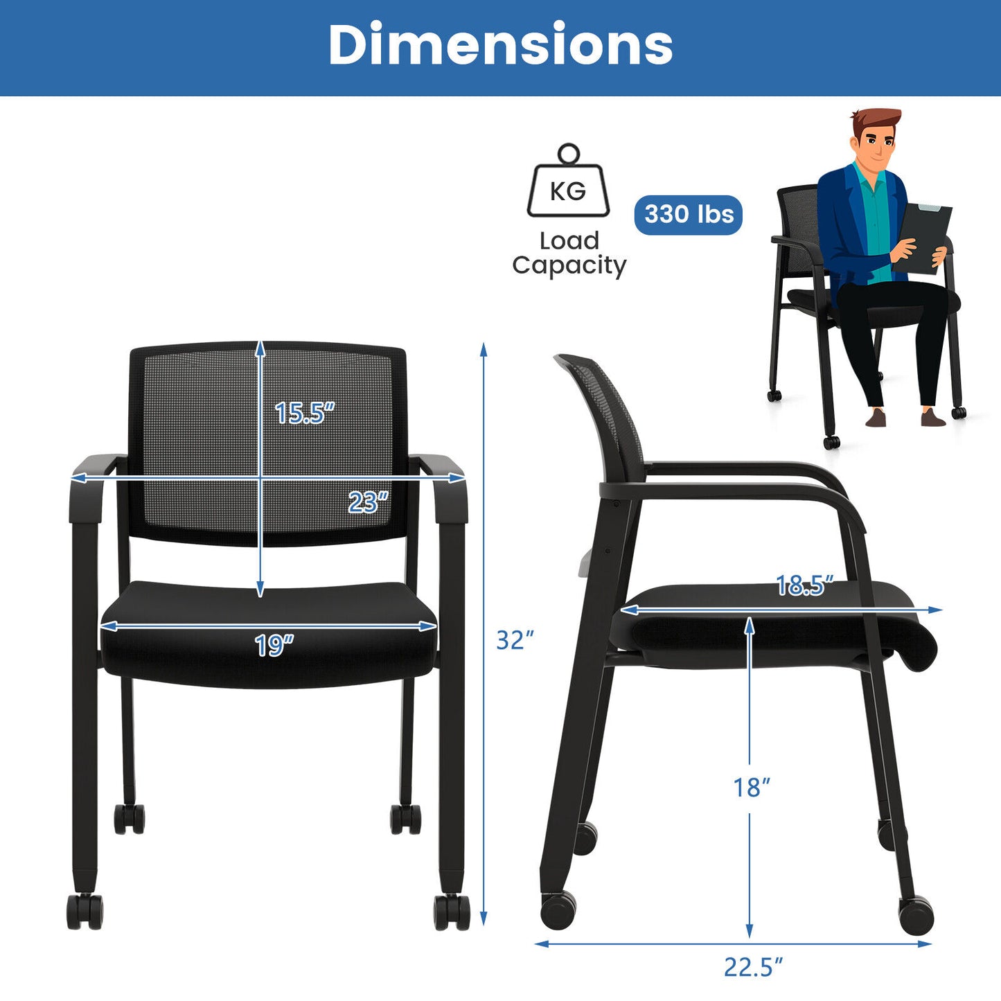 Stackable Rolling Office Chairs, Mesh Backrest, Set of 2, Black Conference Chairs at Gallery Canada