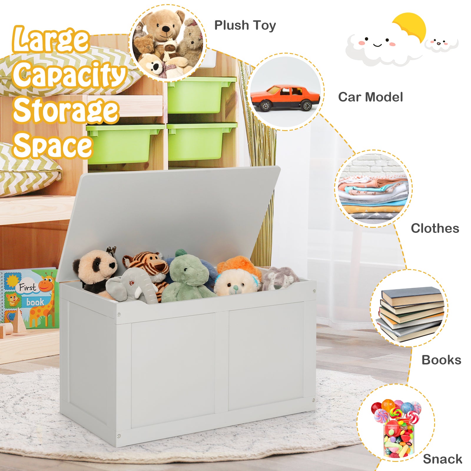 Safety Hinge Wooden Chest Organizer Toy Storage Box, Gray Kids Storage at Gallery Canada