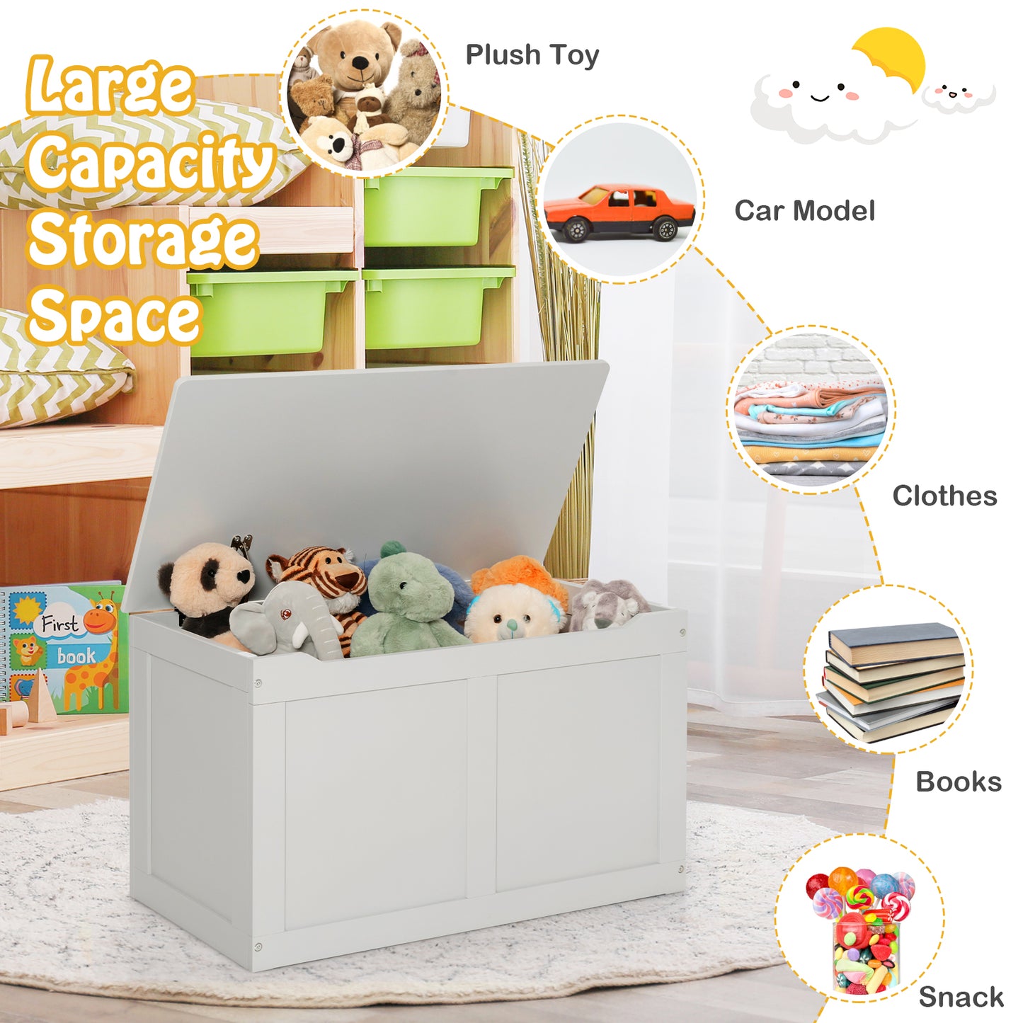 Safety Hinge Wooden Chest Organizer Toy Storage Box, Gray Kids Storage at Gallery Canada