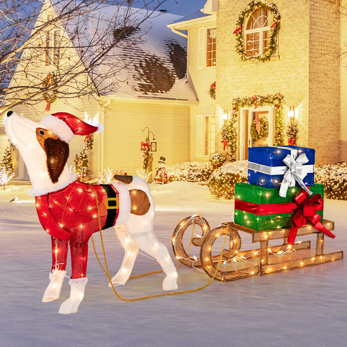Outdoor Pre-Lit Xmas Dog Sleigh, 170 Warm Bright Lights, Multicolor Christmas Decor & Accessories at Gallery Canada
