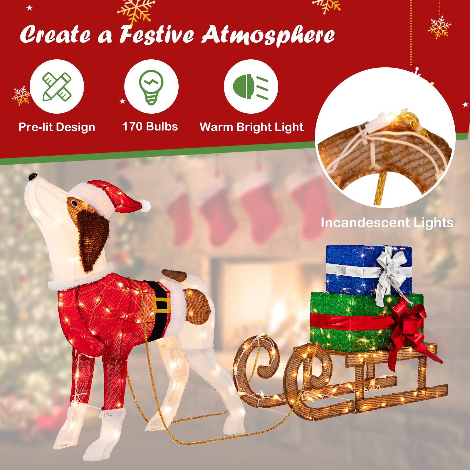 Outdoor Pre-Lit Xmas Dog Sleigh, 170 Warm Bright Lights, Multicolor Christmas Decor & Accessories at Gallery Canada
