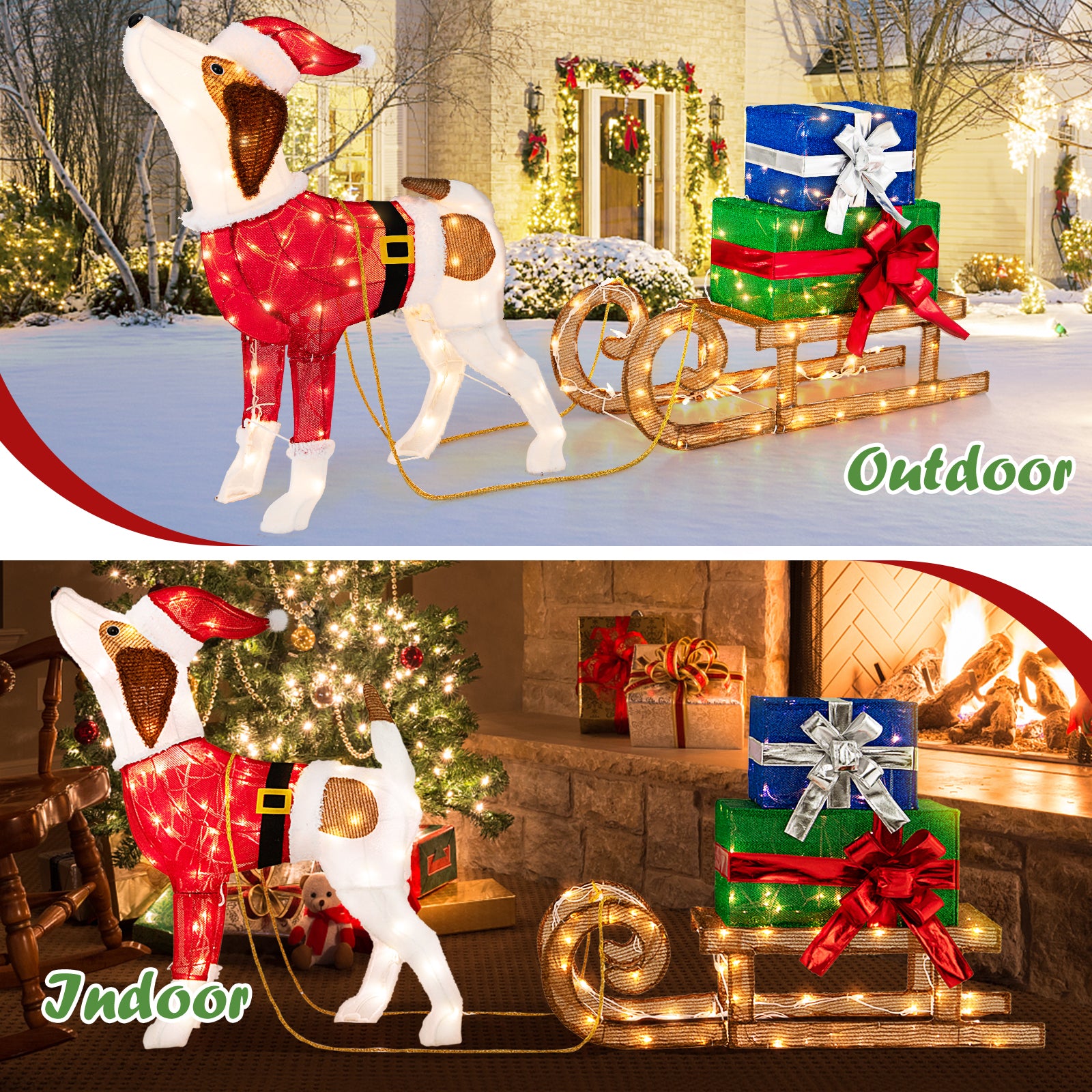 Outdoor Pre-Lit Xmas Dog Sleigh, 170 Warm Bright Lights, Multicolor Christmas Decor & Accessories at Gallery Canada
