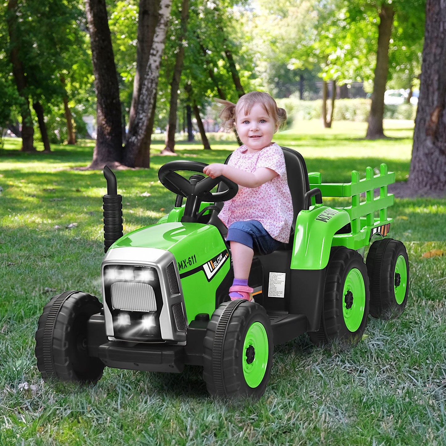 12V Ride on Tractor with 3-Gear-Shift Ground Loader for Kids 3+ Years Old, Green - Gallery Canada