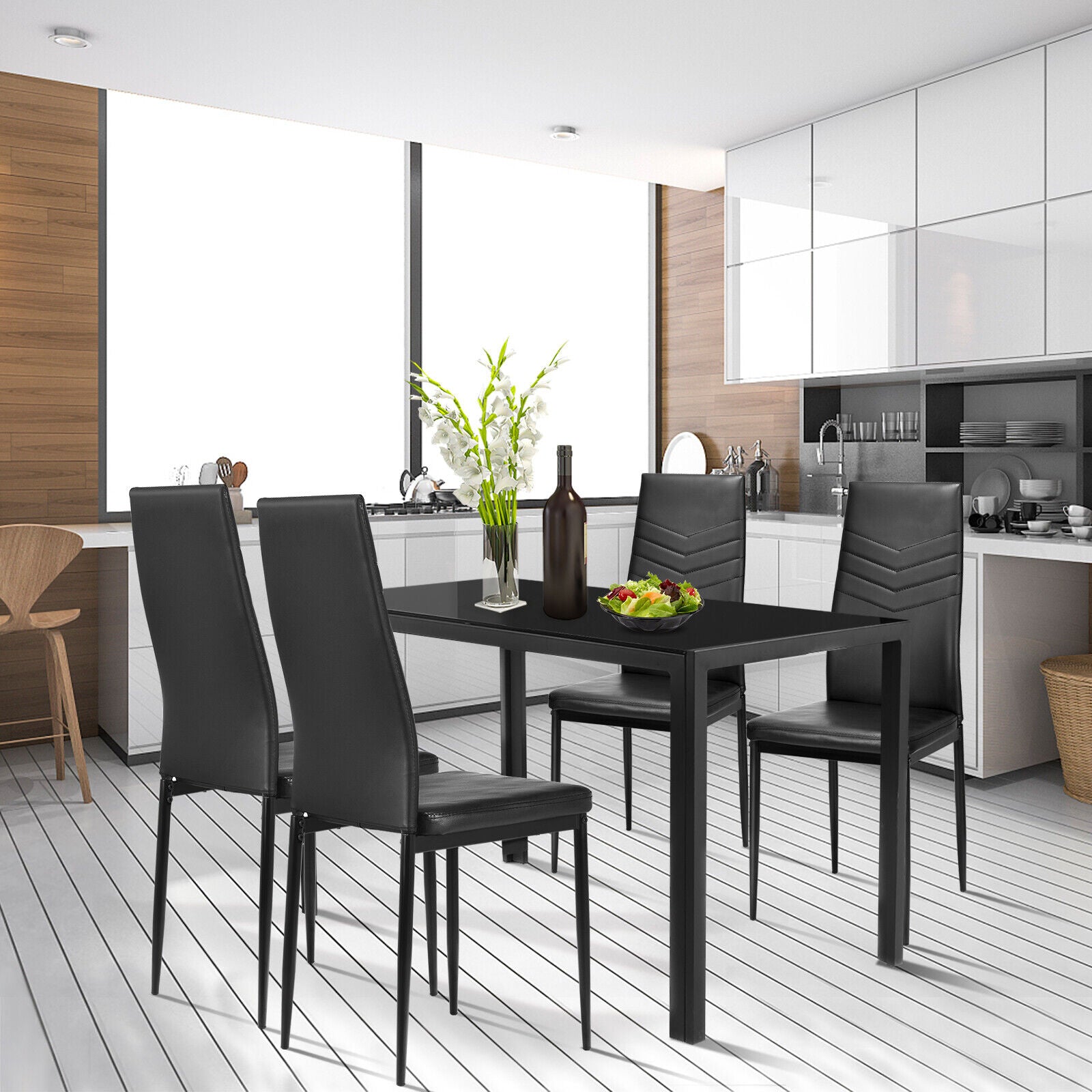 5 Piece Kitchen Dining Set Glass Metal Table and 4 Chairs Breakfast Furniture, Black at Gallery Canada