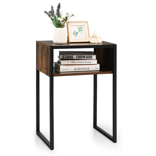 Industrial Side Table with Anti-Rust Steel Frame and Open Storage, Rustic Brown - Gallery Canada