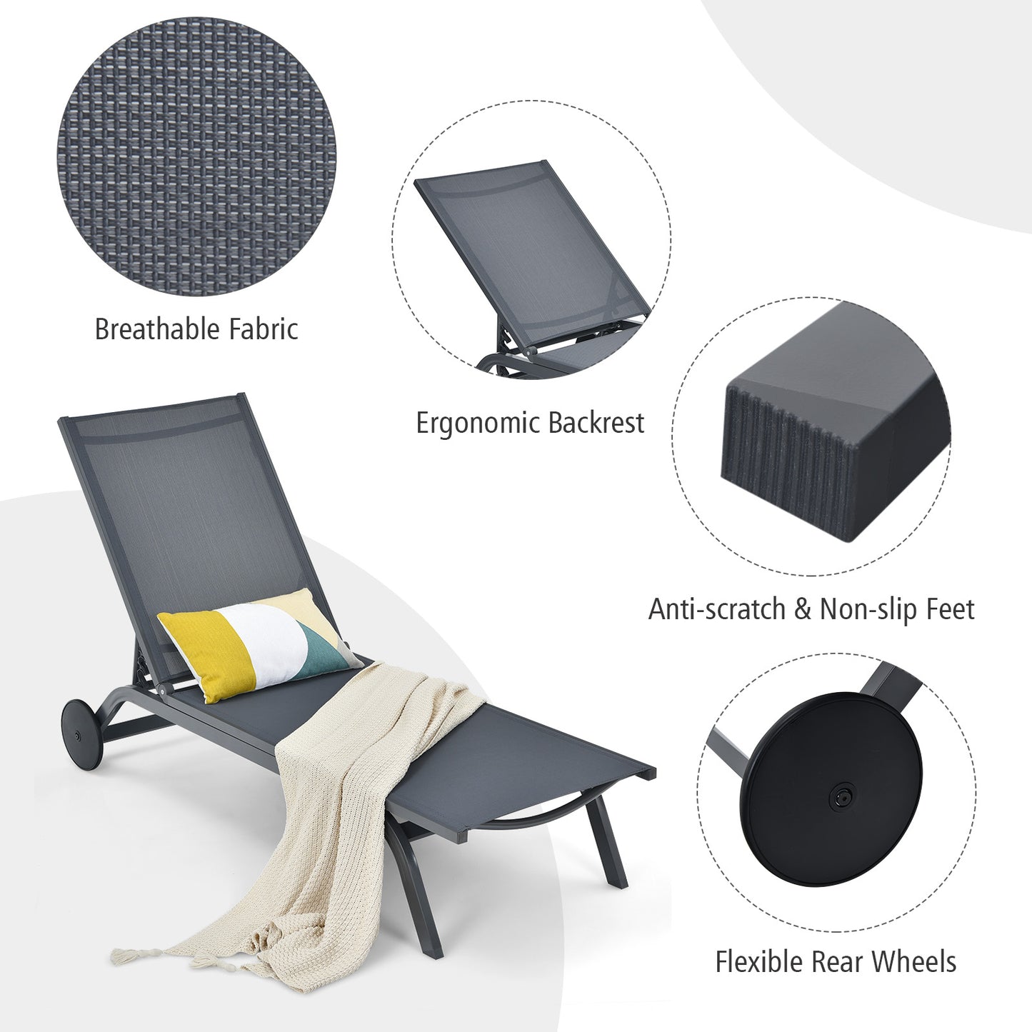 6-Position Adjustable Fabric Outdoor Patio Recliner Chair, Gray Outdoor Chaise Lounges at Gallery Canada