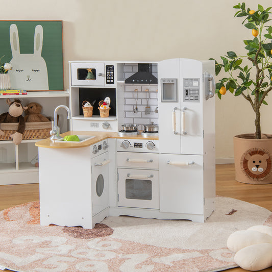 Wooden Kid's Corner Kitchen Playset with Stove for Toddlers, Natural & White Play Kitchen Sets White at Gallery Canada