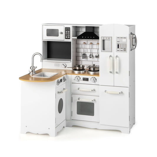 Wooden Kid's Corner Kitchen Playset with Stove for Toddlers, Natural & White Play Kitchen Sets White at Gallery Canada