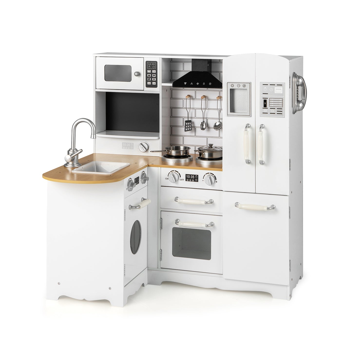 Wooden Kid's Corner Kitchen Playset, Stove, Natural, White Play Kitchen Sets at Gallery Canada