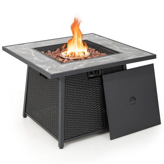 35 Inch Propane Gas Fire Pit Table Wicker Rattan with Lava Rocks PVC Cover, Black