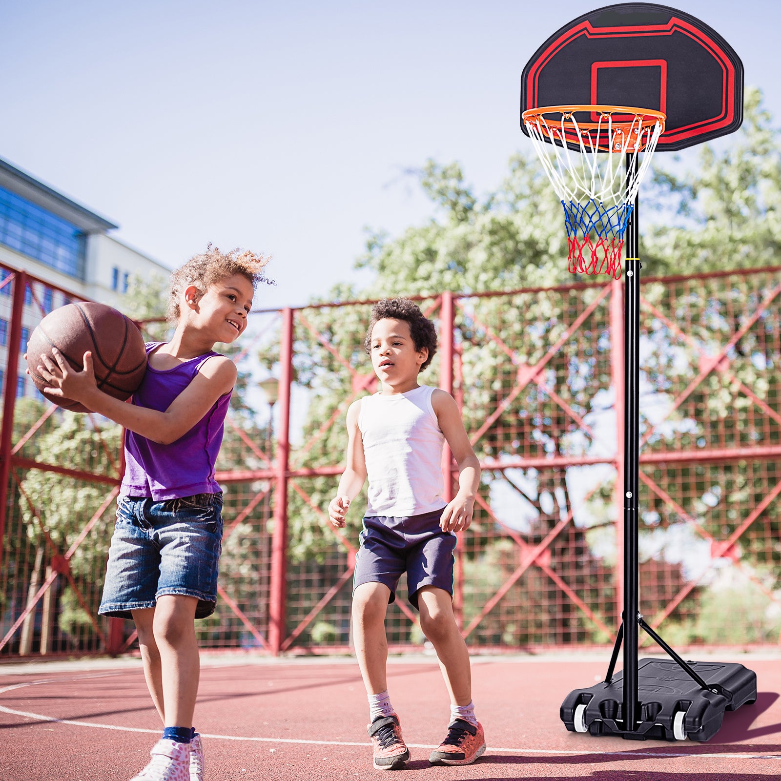 Adjustable Kids' Basketball Hoop Stand with Durable Net and Wheel, Black Sport Equipments at Gallery Canada