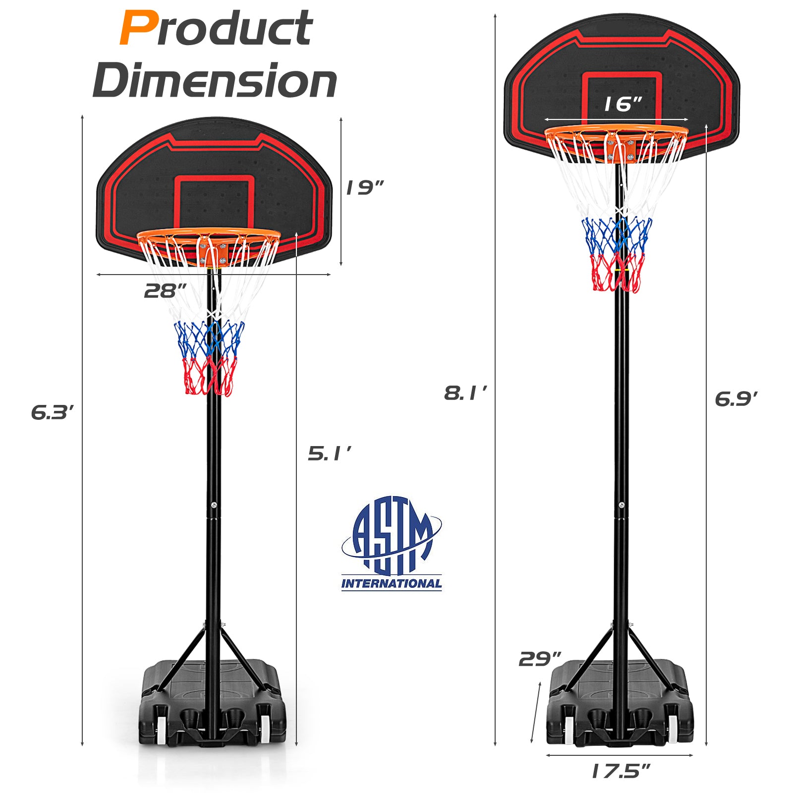 Adjustable Kids' Basketball Hoop Stand with Durable Net and Wheel, Black Sport Equipments at Gallery Canada