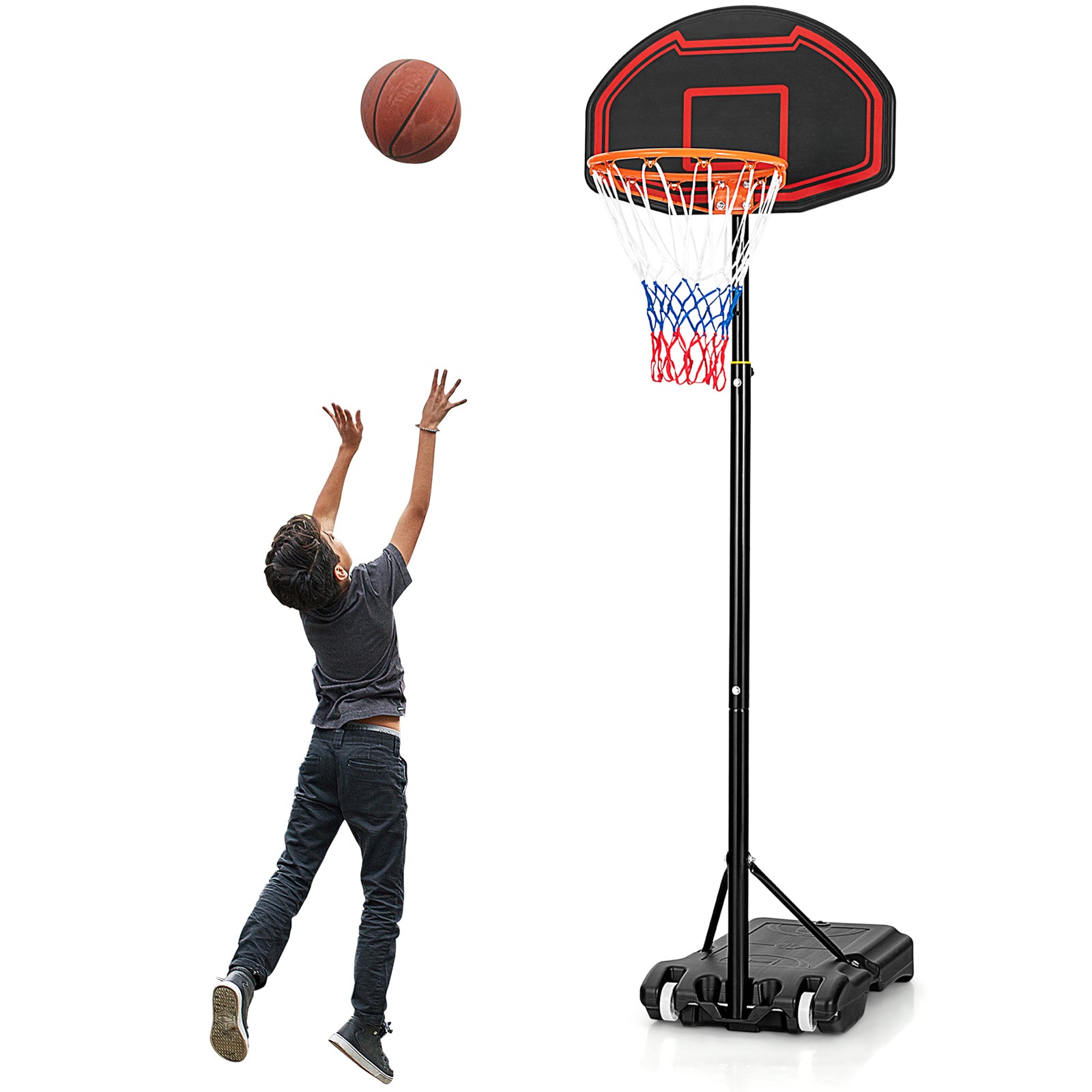 Adjustable Kids' Basketball Hoop Stand with Durable Net and Wheel, Black Sport Equipments at Gallery Canada