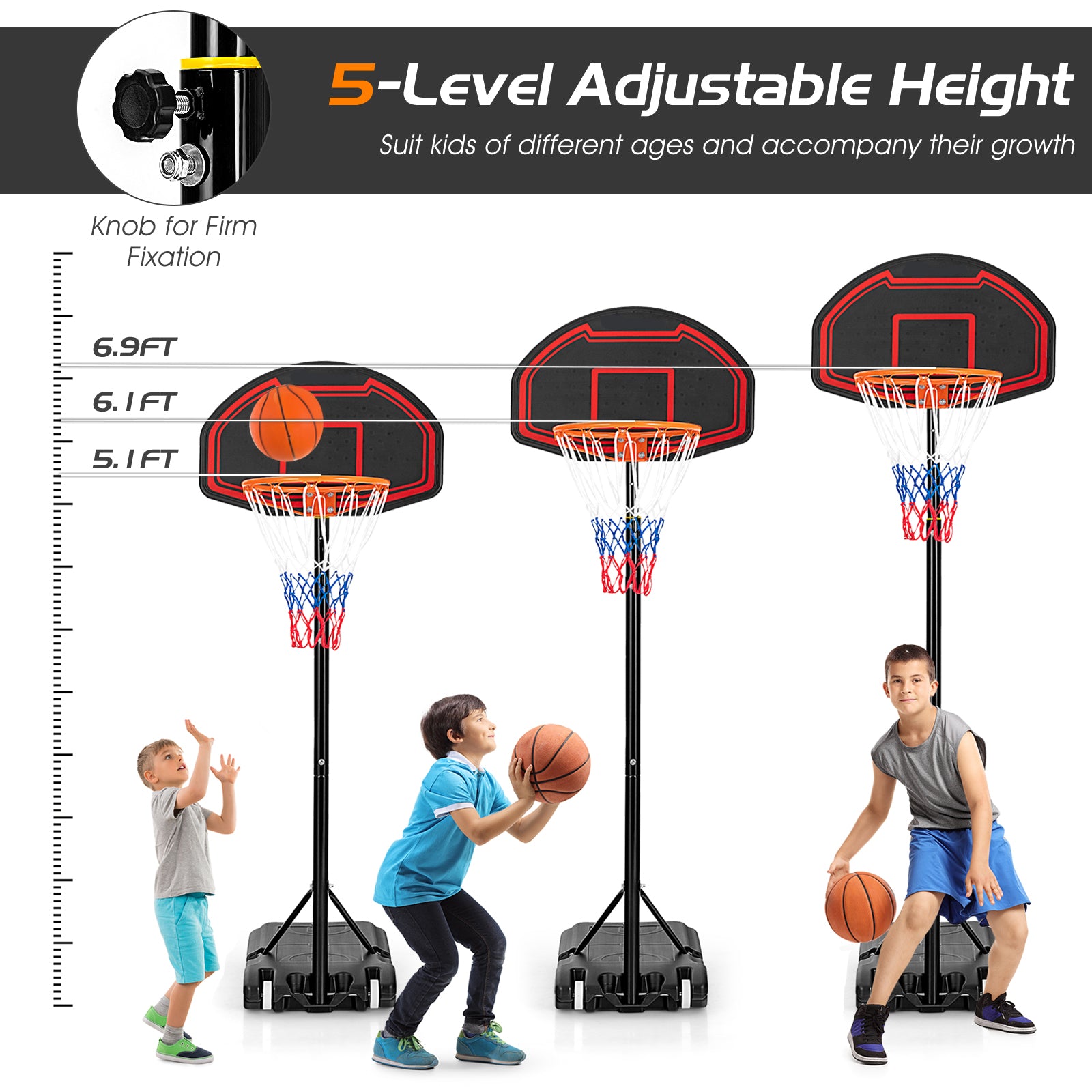 Adjustable Kids' Basketball Hoop Stand with Durable Net and Wheel, Black Sport Equipments at Gallery Canada