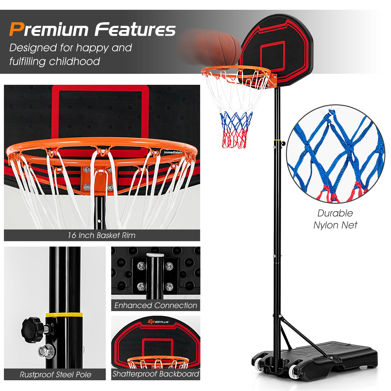 Adjustable Kids' Basketball Hoop Stand with Durable Net and Wheel, Black Sport Equipments at Gallery Canada